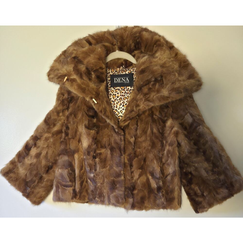 Vtg Dena New York Cropped Swing Mink Jacket Portrait Collar Satin Lined Size S